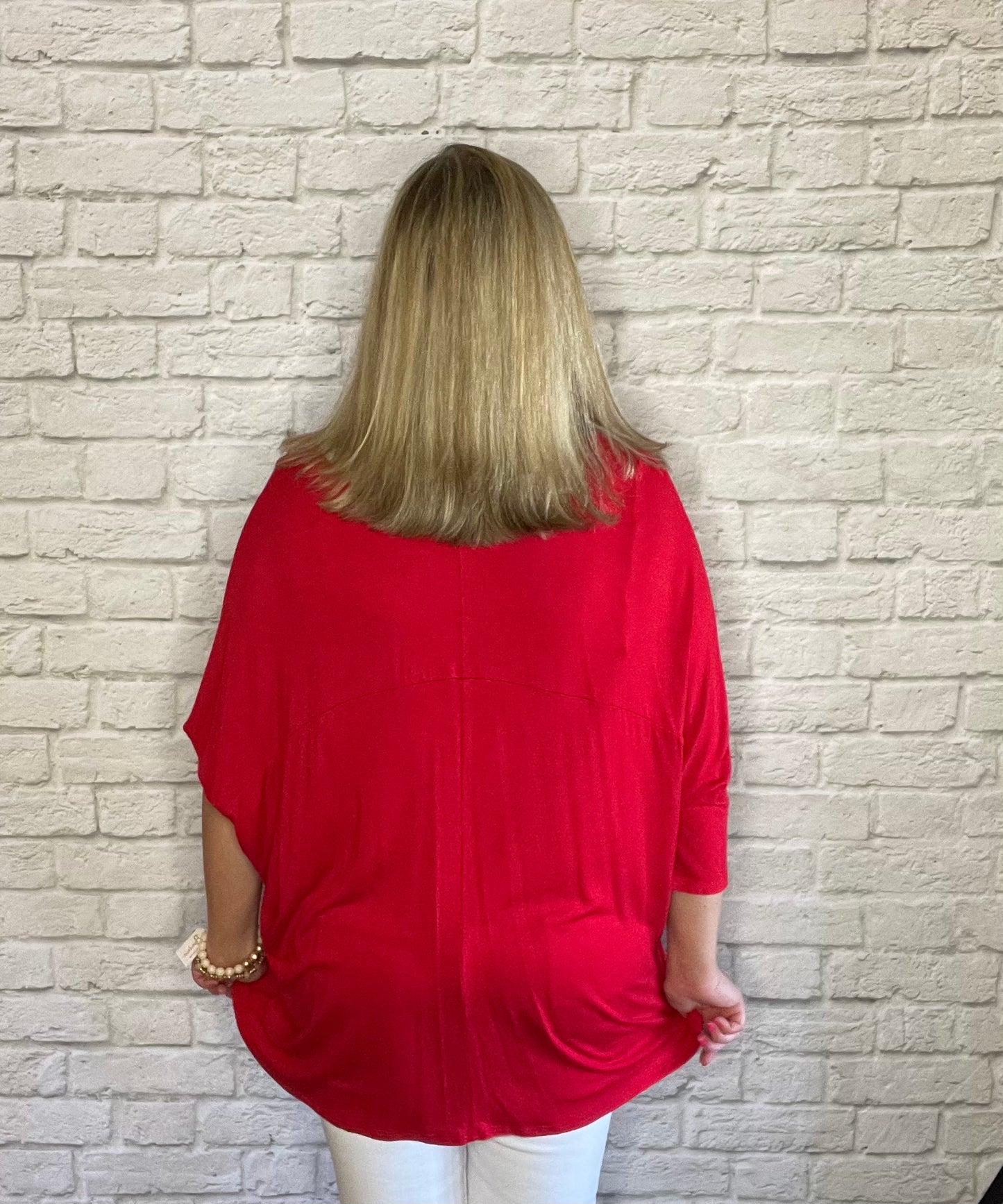 Red V-Neck Top With 3/4 Semi Dolman Sleeves