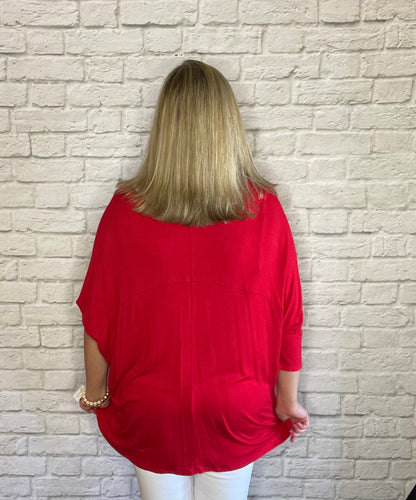 Red V-Neck Top With 3/4 Semi Dolman Sleeves