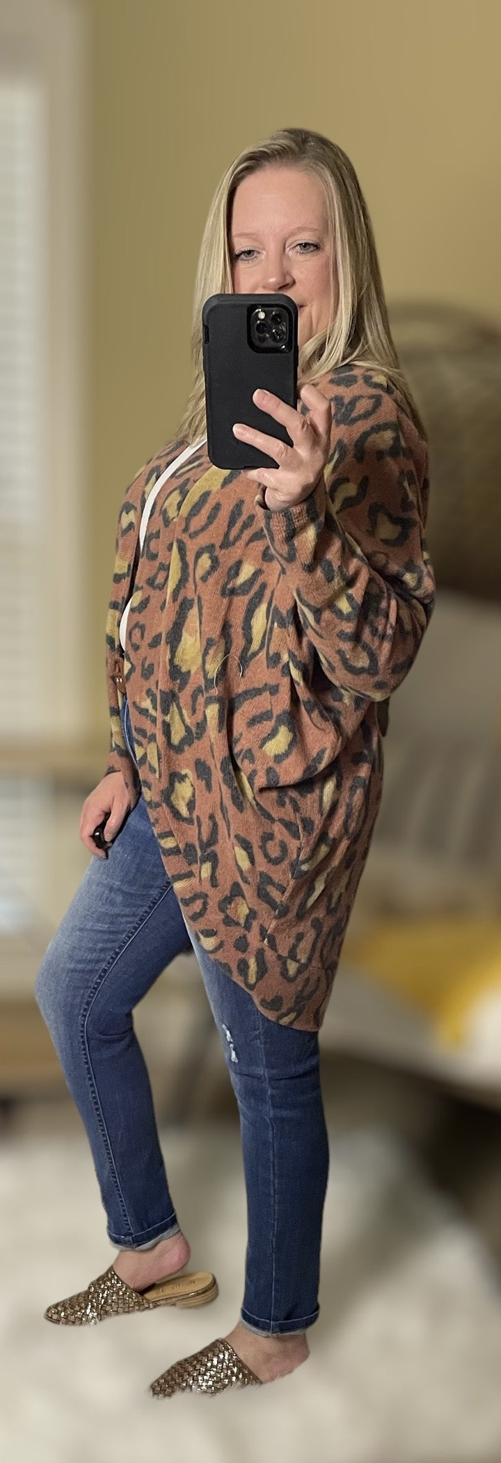 Brushed Animal Print Dolman Ribbed Cardigan 