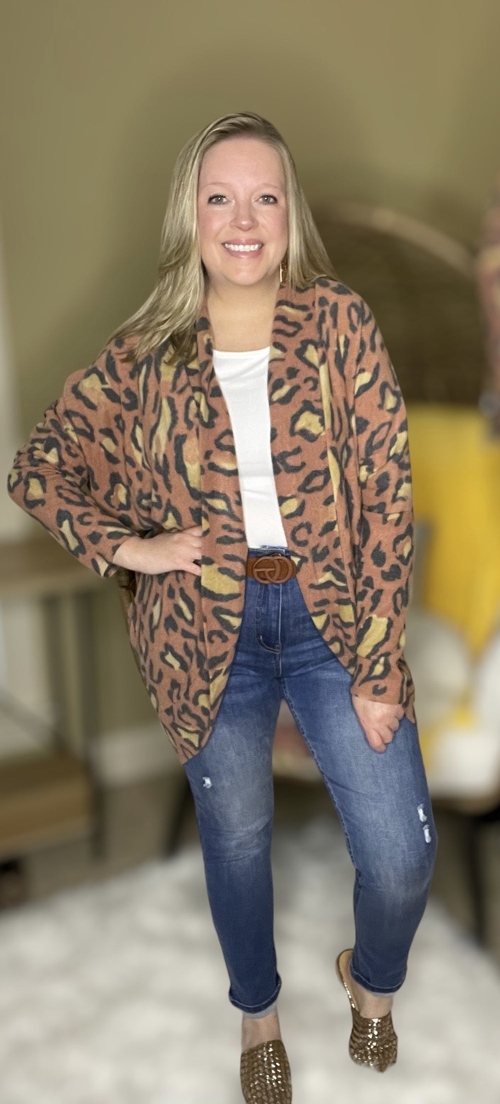 Brushed Animal Print Dolman Ribbed Cardigan 