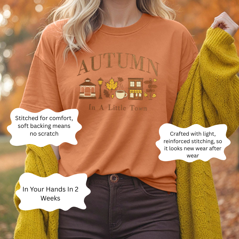Autumn in a Little Town Embroidered Comfort Colors T-Shirt