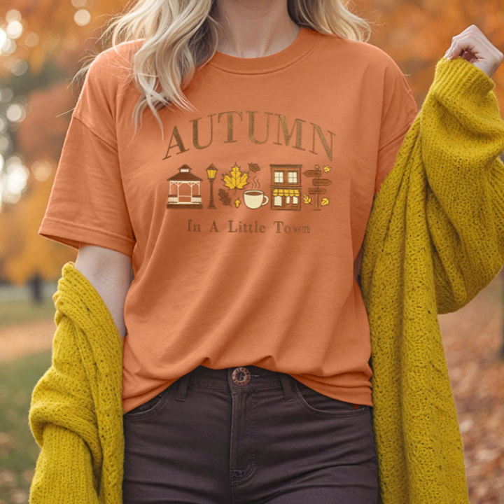 Autumn in a Little Town Embroidered T-Shirt 