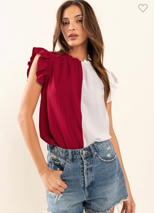 Crimson & White Game Day Ruffle Sleeveless Woven Top