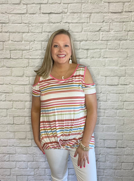 MULTI STRIPE COLD SHOULDER TOP