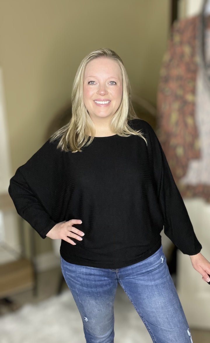 Black Ribbed Boat Neck Sweater