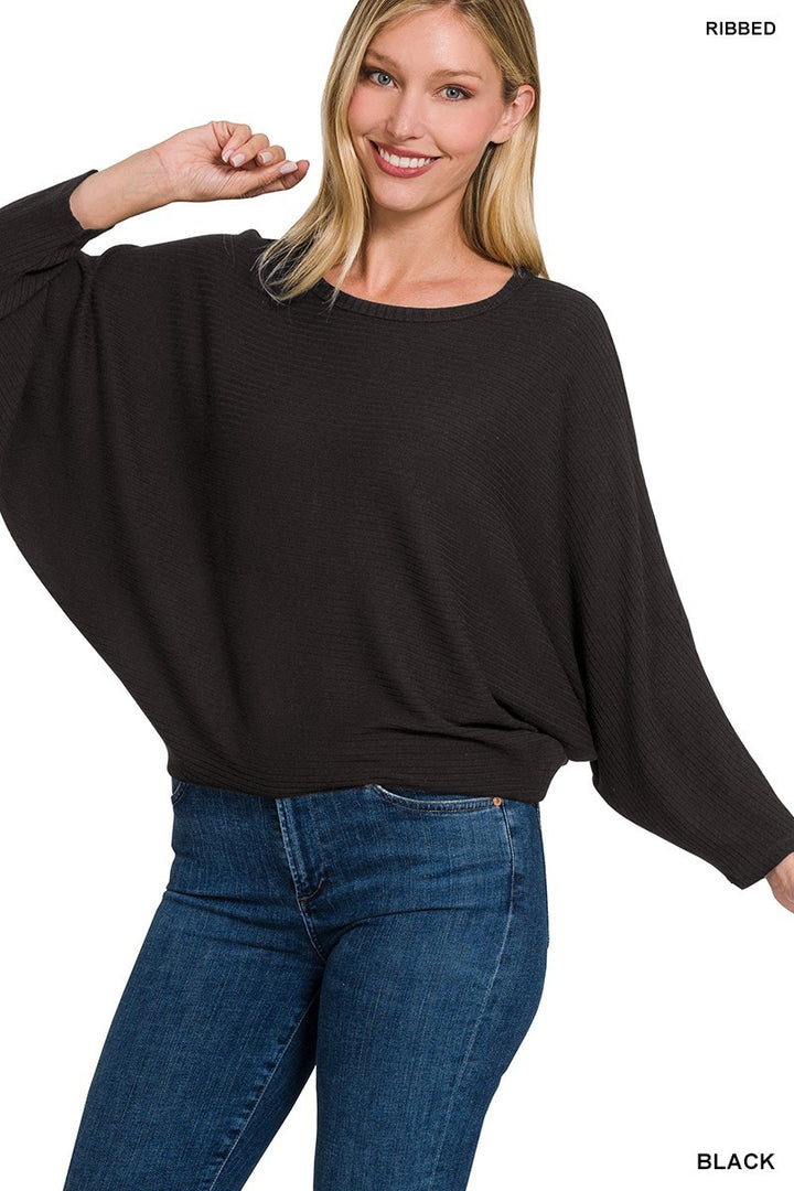Black Ribbed Boat Neck Sweater