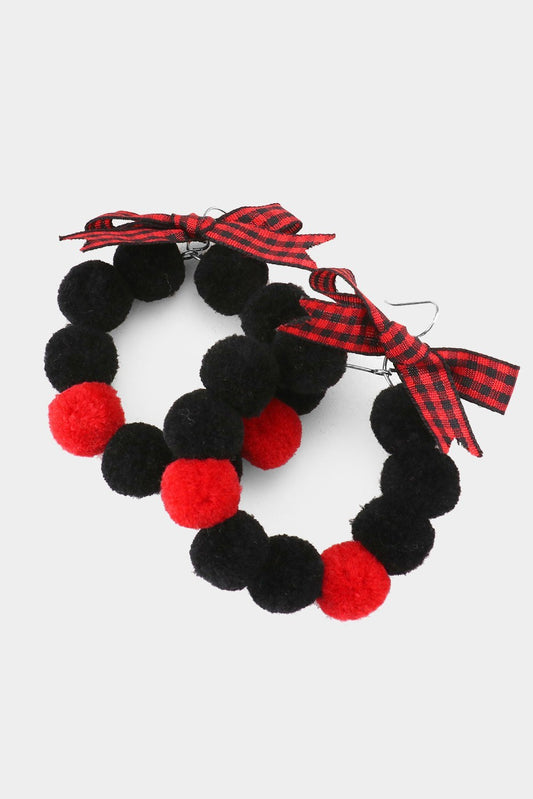 Bow Pom Pom Wreath Dangle Earrings