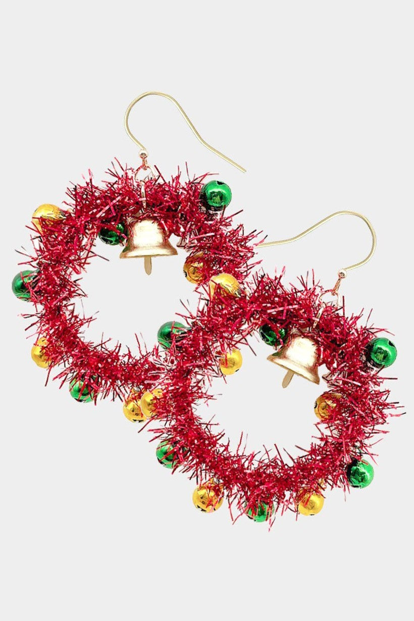 Christmas Jingle Bell Tinsel Wreath Earrings