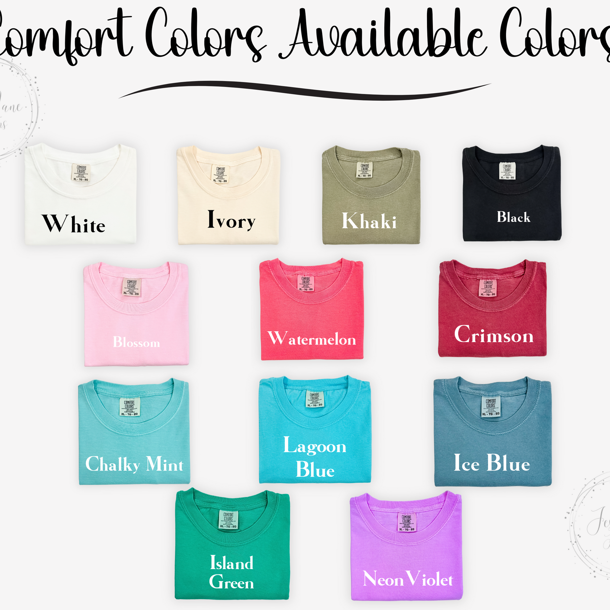 Comfort Colors T-shirt color chart showing available color options as of February 18, 2025