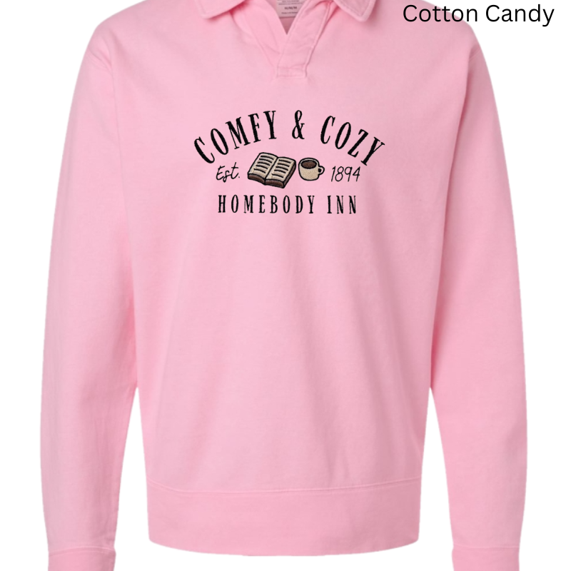 Comfy and Cozy Homebody Inn Embroidered Polo Collar Sweatshirt 