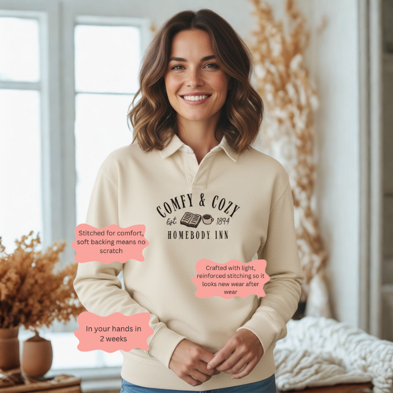 Comfy and Cozy Homebody Inn Embroidered Polo Collar Sweatshirt 