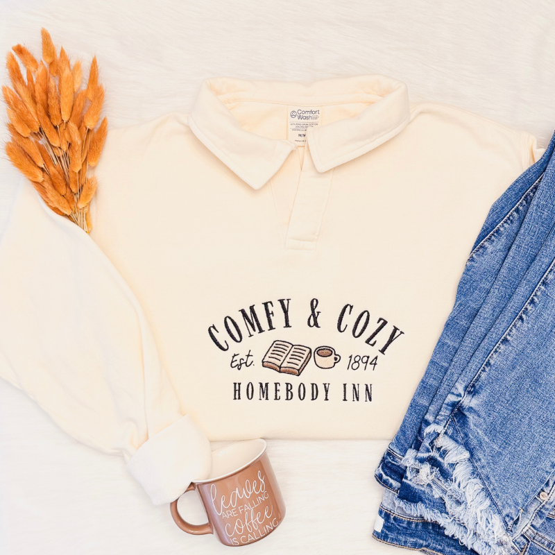Comfy and Cozy Homebody Inn Embroidered Polo Collar Sweatshirt 