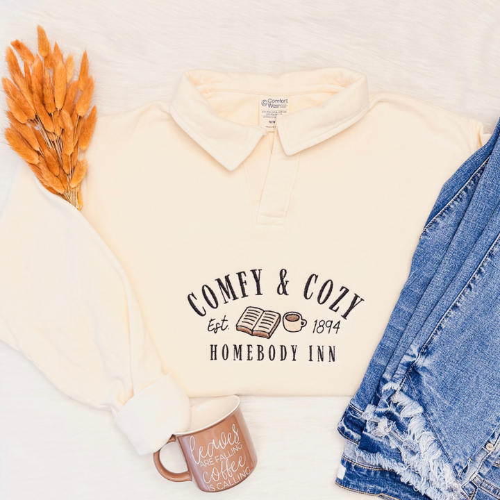 Comfy and Cozy Homebody Inn Embroidered Polo Collar Sweatshirt 