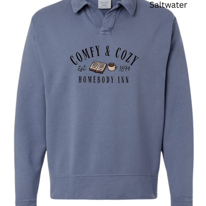 Comfy and Cozy Homebody Inn Embroidered Polo Collar Sweatshirt 