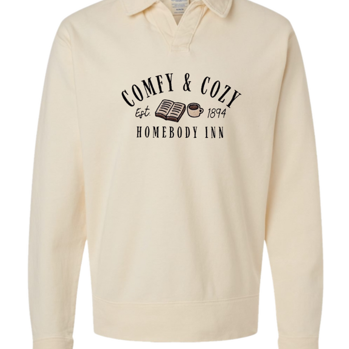 Comfy and Cozy Homebody Inn Embroidered Polo Collar Sweatshirt 