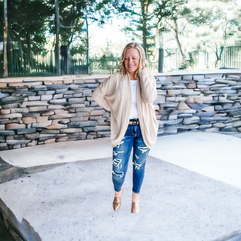 Cream Waffled Knit Cardigan with Dolman Sleeves 