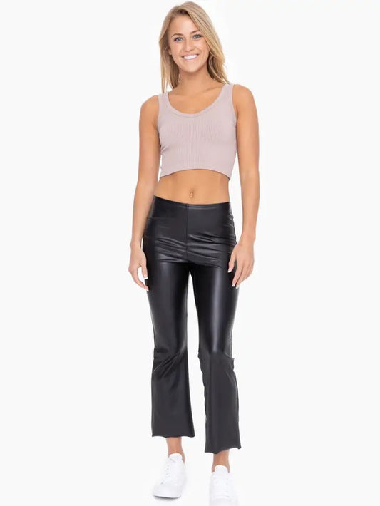 Black Cropped Faux Leather Flare Pants