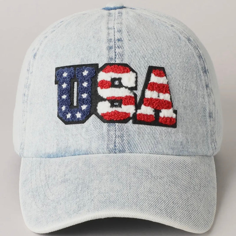 USA Chenille Patch Hat – Vintage Wash Denim Baseball Cap 