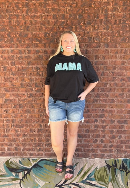 TEAL MAMA FAUX SEQUIN TEE IN BLACK