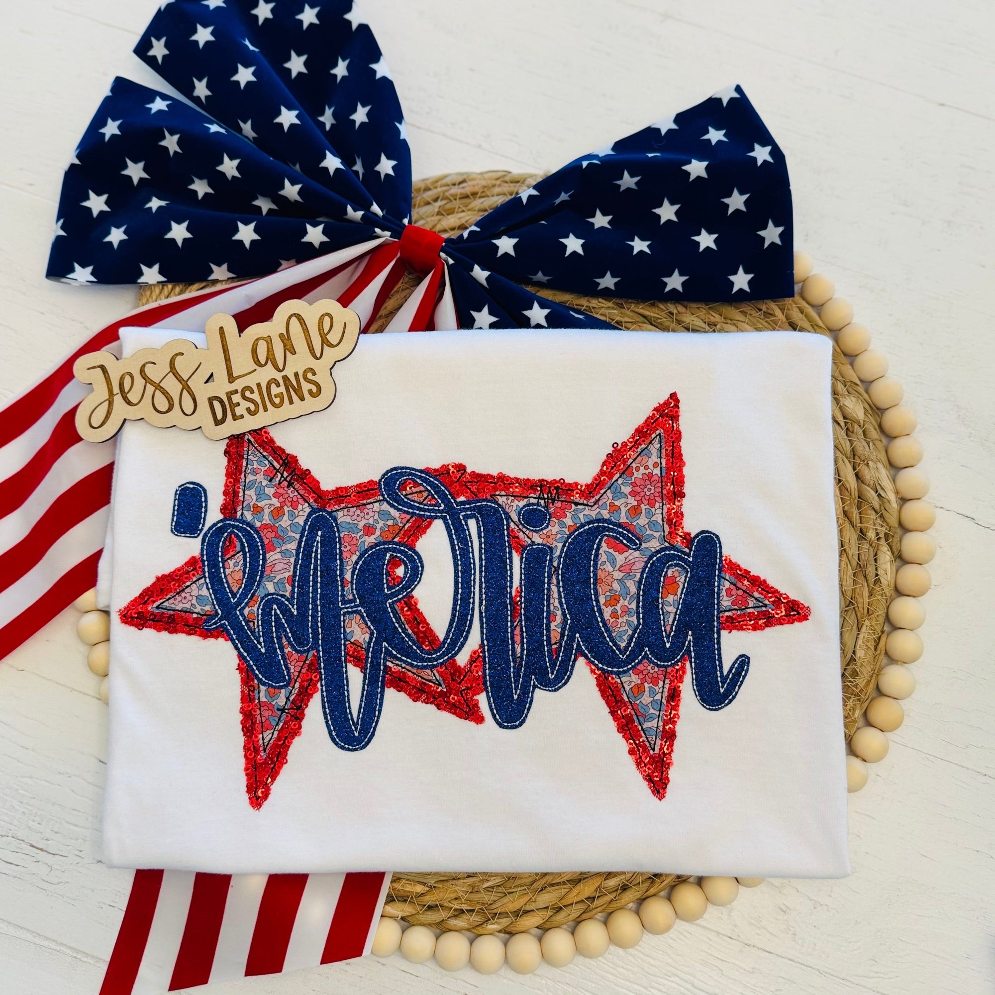 ’MERICA Embroidered T-Shirt – Red, White & Blue Sparkle Tee for 4th of July