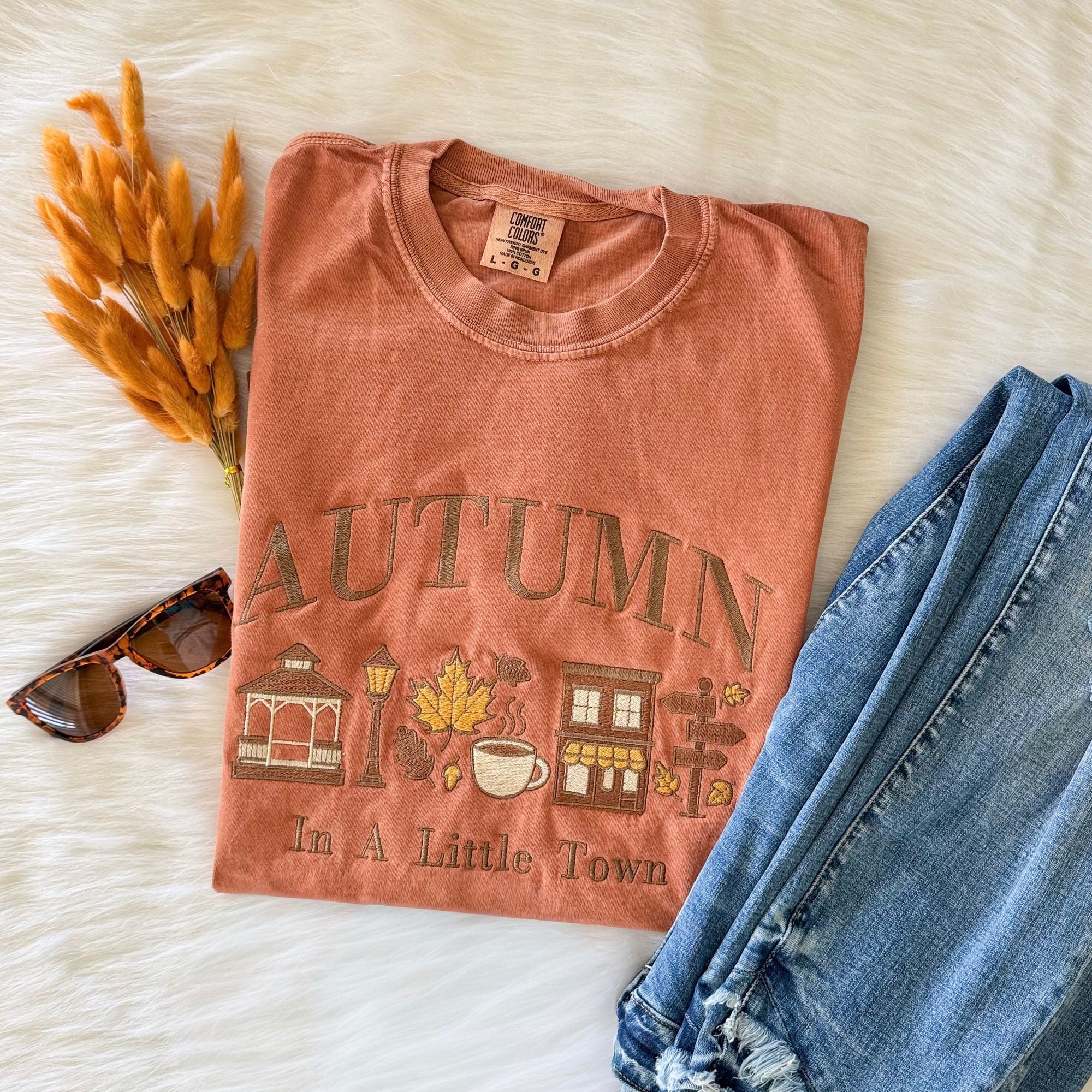 Autumn in a Little Town Embroidered Comfort Colors T-Shirt