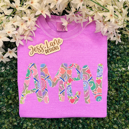 Amen Embroidered T-Shirt – Christian Floral Appliqué Tee for Women