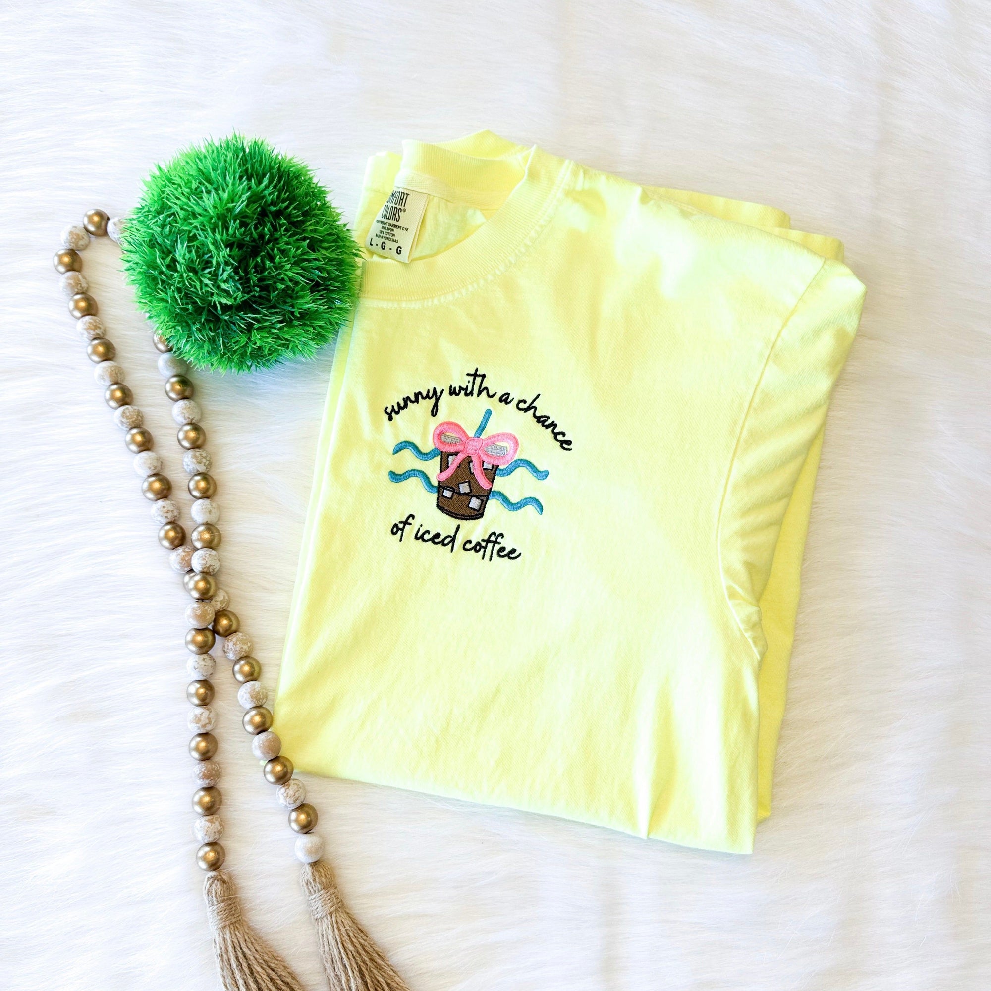 Sunny with a Chance of Iced Coffee Embroidered T-Shirt – Funny Coffee Lover Tee