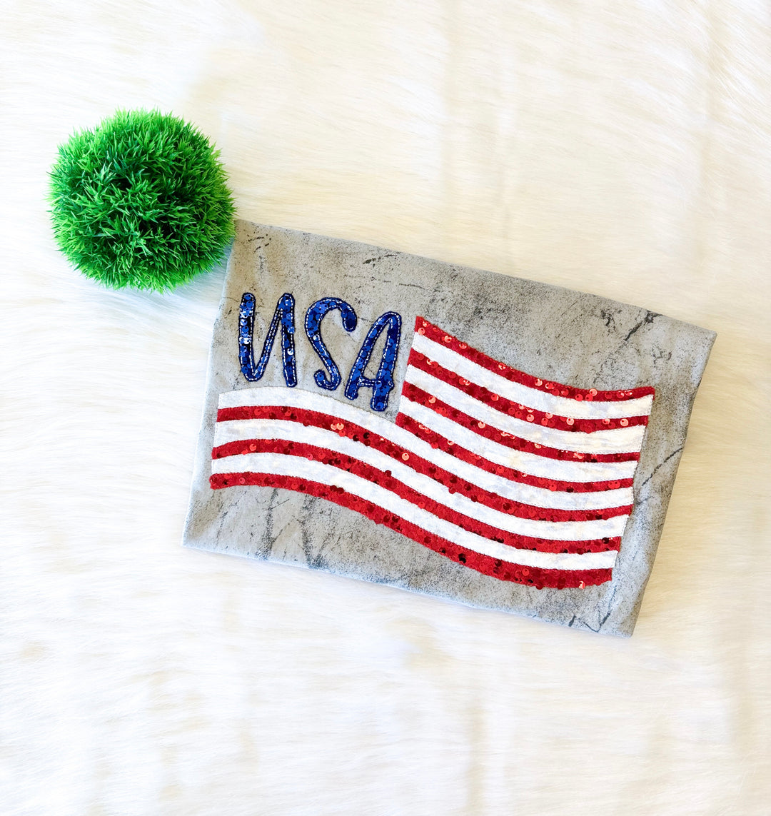 Ready to Ship – USA Flag Sequin Shirt (Large, Comfort Colors Color Blast Tee) 