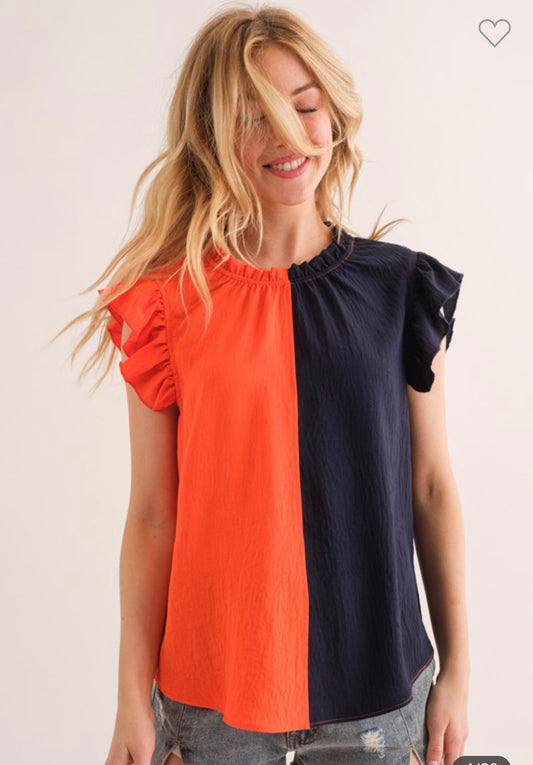 Orange & Blue Game Day Ruffle Sleeveless Top