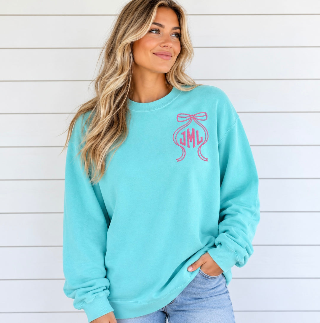 Comfort Colors Monogram Sweatshirt, Embroidered Bow with Initials