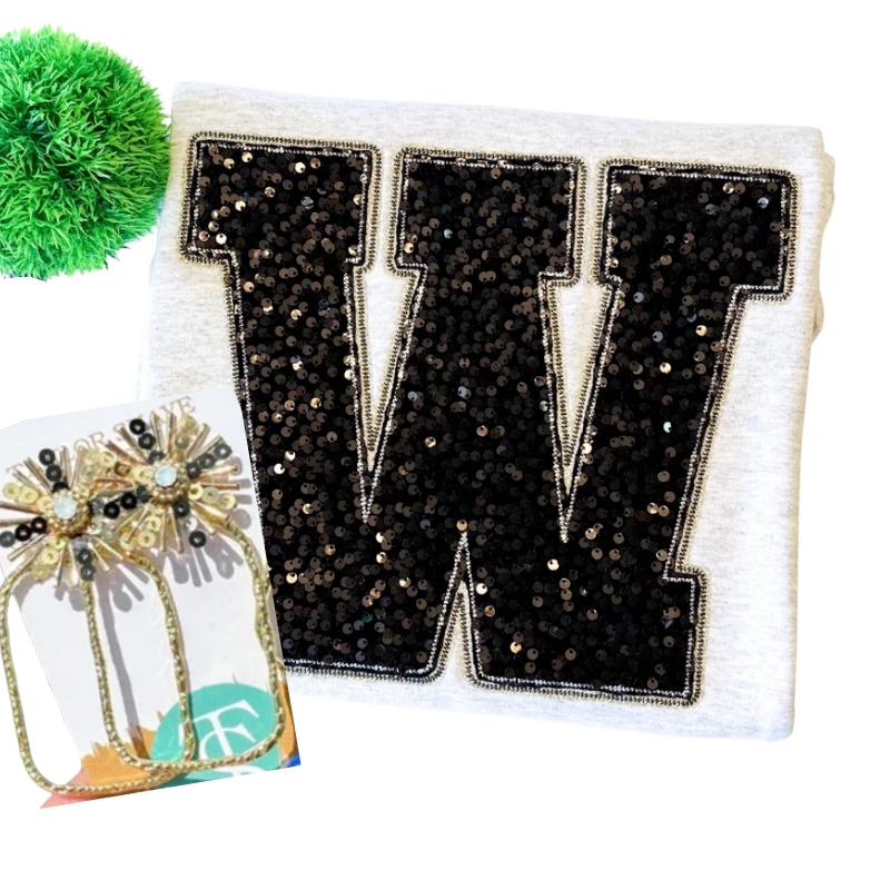 Varsity Letter Gildan Sweatshirt + Sequin Sunburst Hoop Earrings Bundle