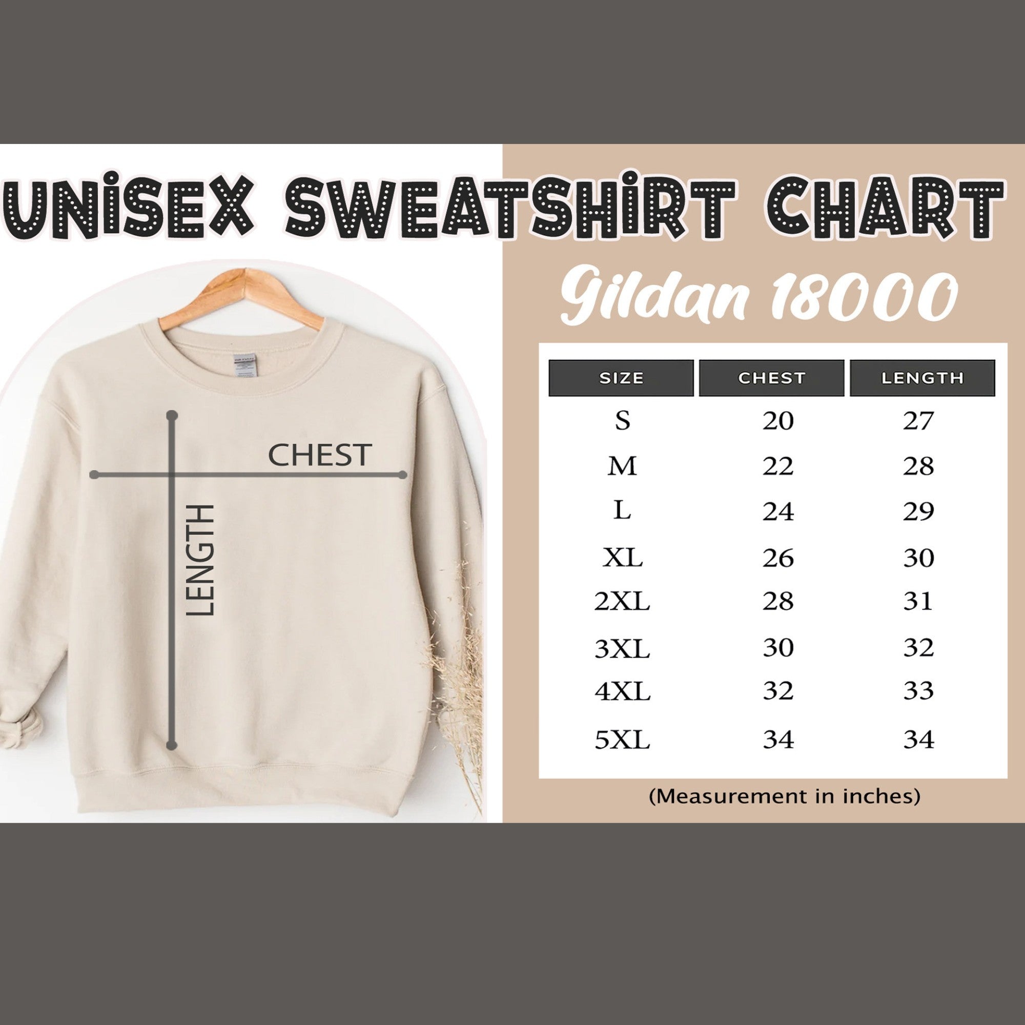 Gildan size chart displaying measurements for various sizes of Gildan apparel