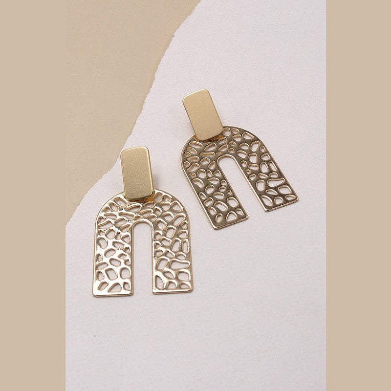 Gold Rectangle Post U-Shape Filigree Drop Earrings 