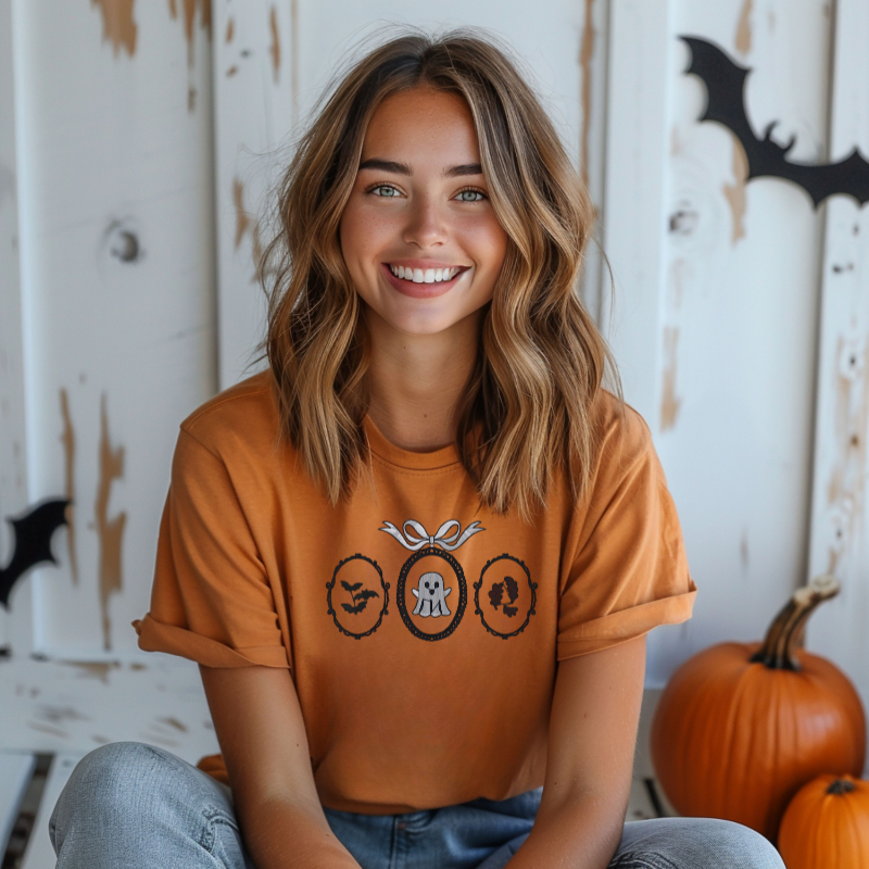 Haunted Frames Embroidered Halloween T-Shirt 