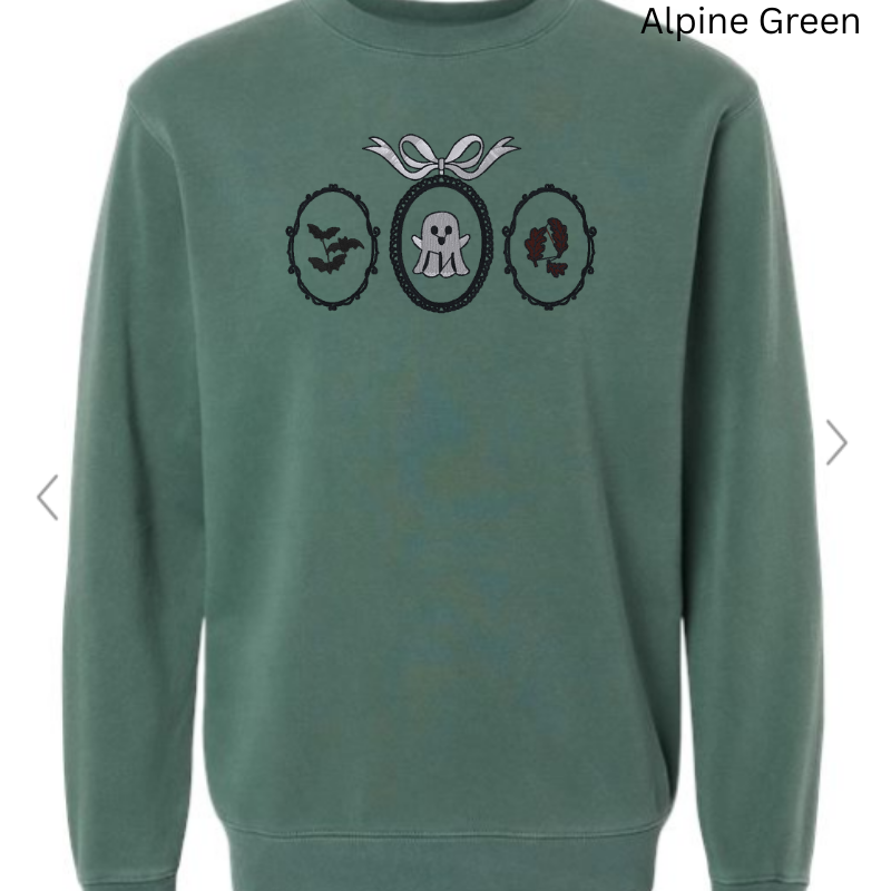 Haunted Frames Halloween Embroidered Sweatshirt – Ghost, Bats & Leaves 