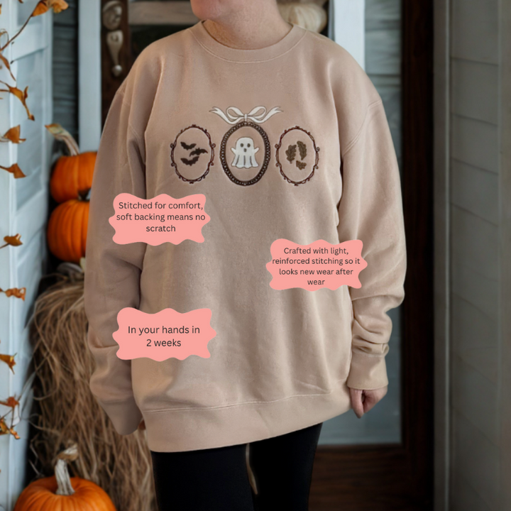 Haunted Frames Halloween Embroidered Sweatshirt – Ghost, Bats & Leaves 