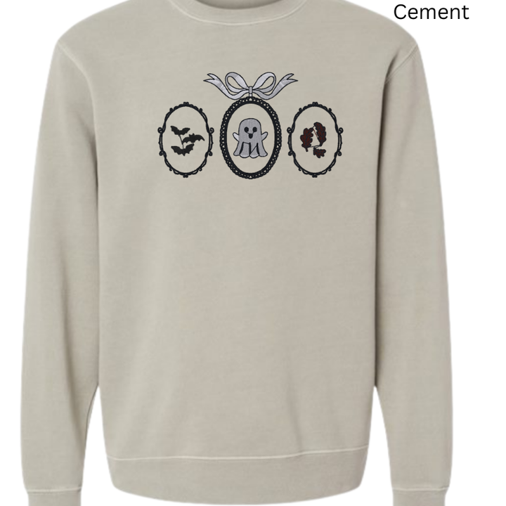 Haunted Frames Halloween Embroidered Sweatshirt – Ghost, Bats & Leaves 