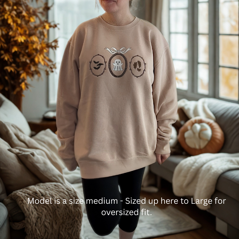 Haunted Frames Halloween Embroidered Sweatshirt – Ghost, Bats & Leaves 