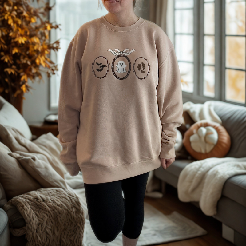 Haunted Frames Halloween Embroidered Sweatshirt – Ghost, Bats & Leaves 