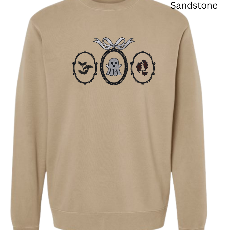 Haunted Frames Halloween Embroidered Sweatshirt – Ghost, Bats & Leaves 