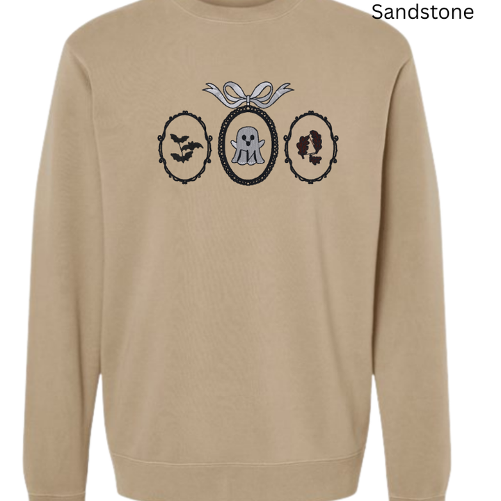 Haunted Frames Halloween Embroidered Sweatshirt – Ghost, Bats & Leaves 