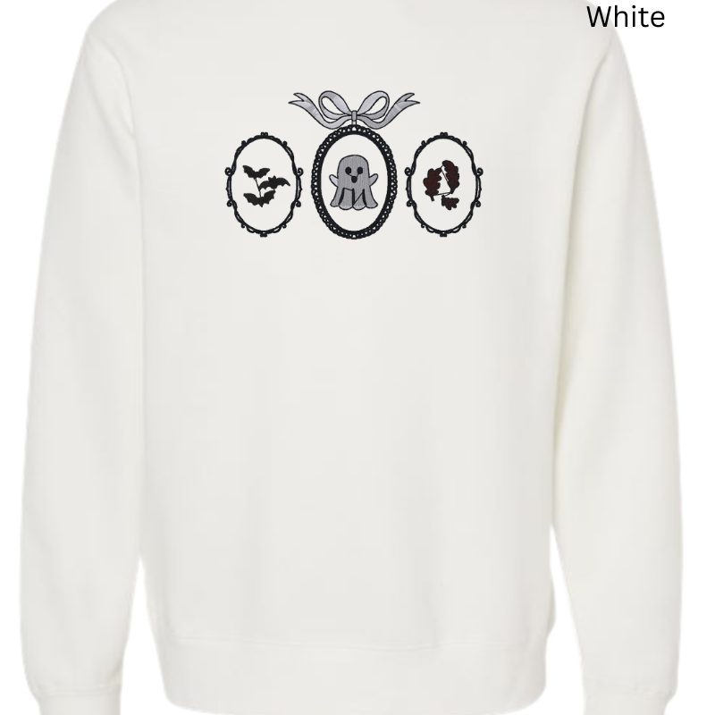 Haunted Frames Halloween Embroidered Sweatshirt – Ghost, Bats & Leaves 