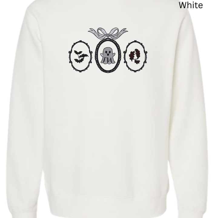 Haunted Frames Halloween Embroidered Sweatshirt – Ghost, Bats & Leaves 