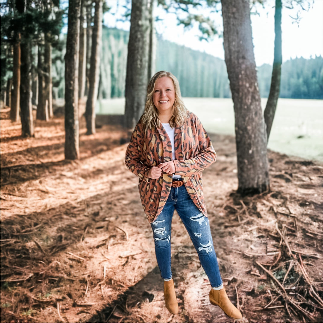 Brushed Animal Print Dolman Ribbed Cardigan 