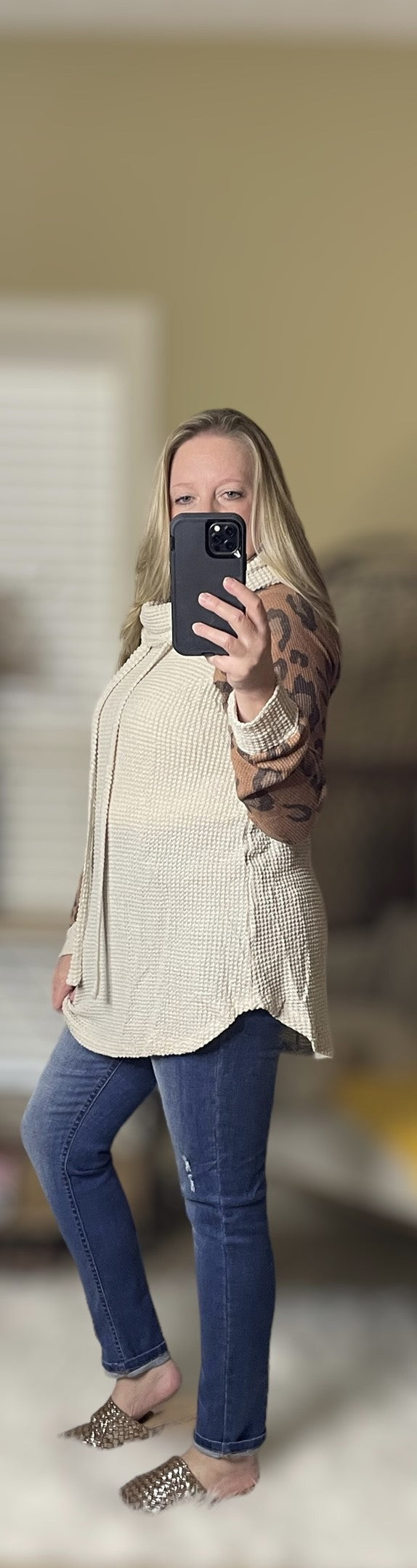 Waffle Knit Animal Sleeve Mockneck Top