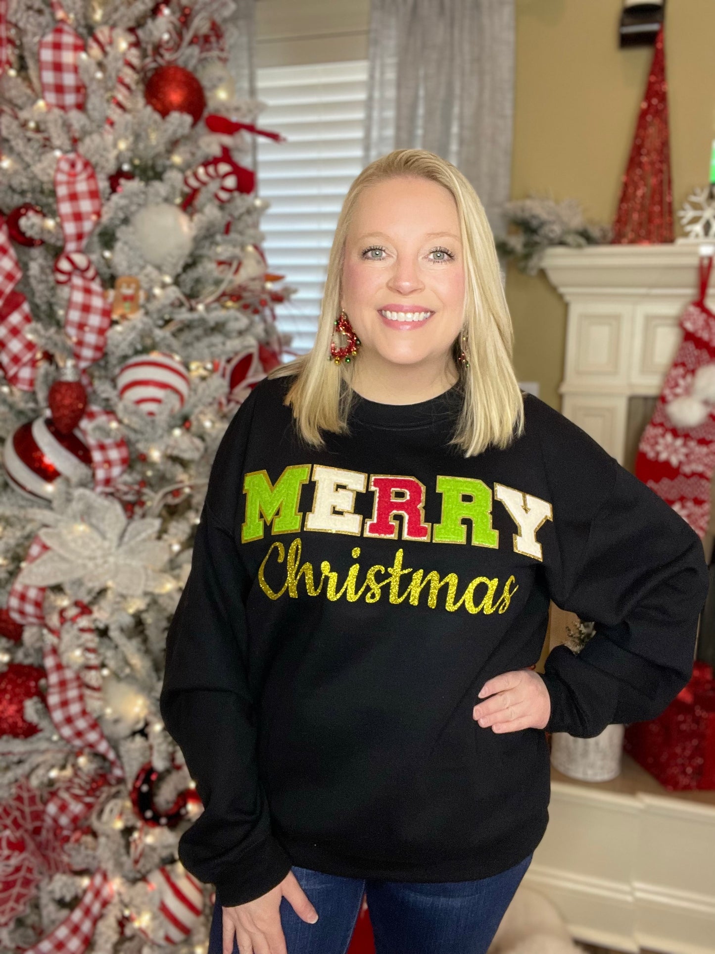 Merry Christmas Chenille Sweatshirt in Black