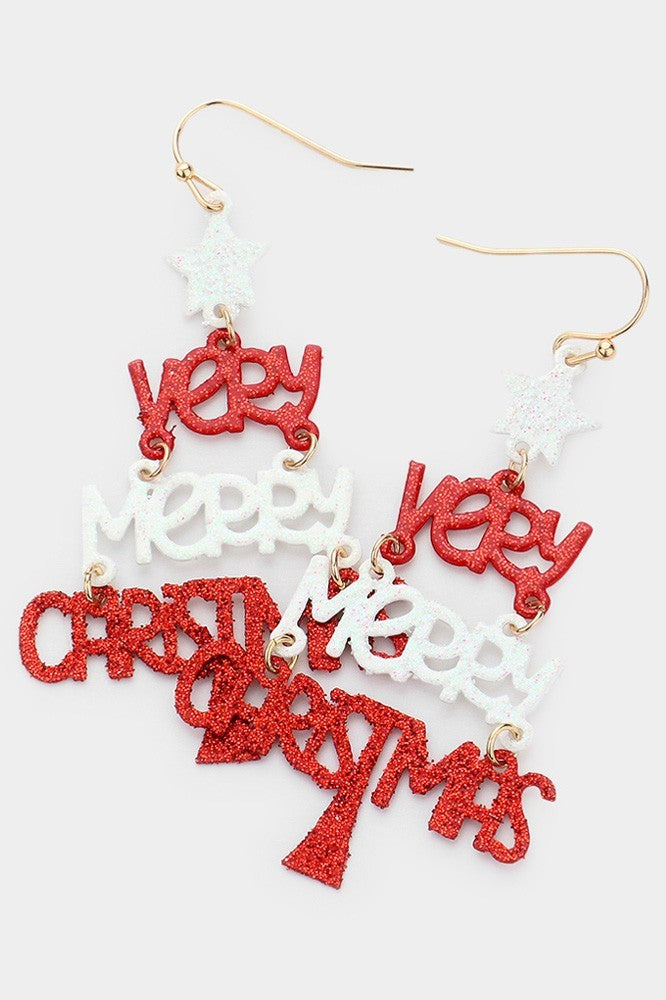 Merry Christmas Glittered Tree Dangle Earrings