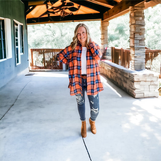 Orange & Blue Plaid Flannel Oversized Shirt