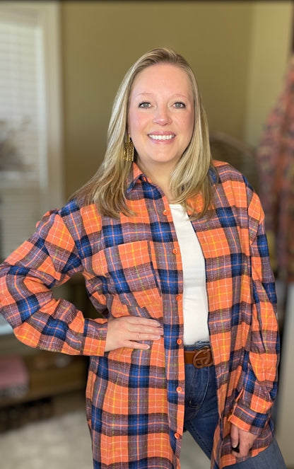 Orange & Blue Plaid Flannel Oversized Shirt