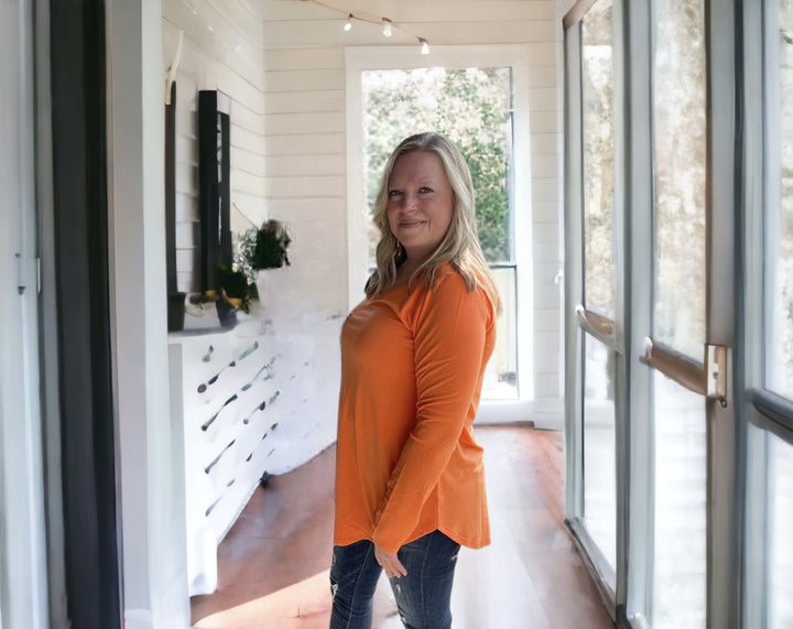 Orange V-Neck Leopard Pocket Top